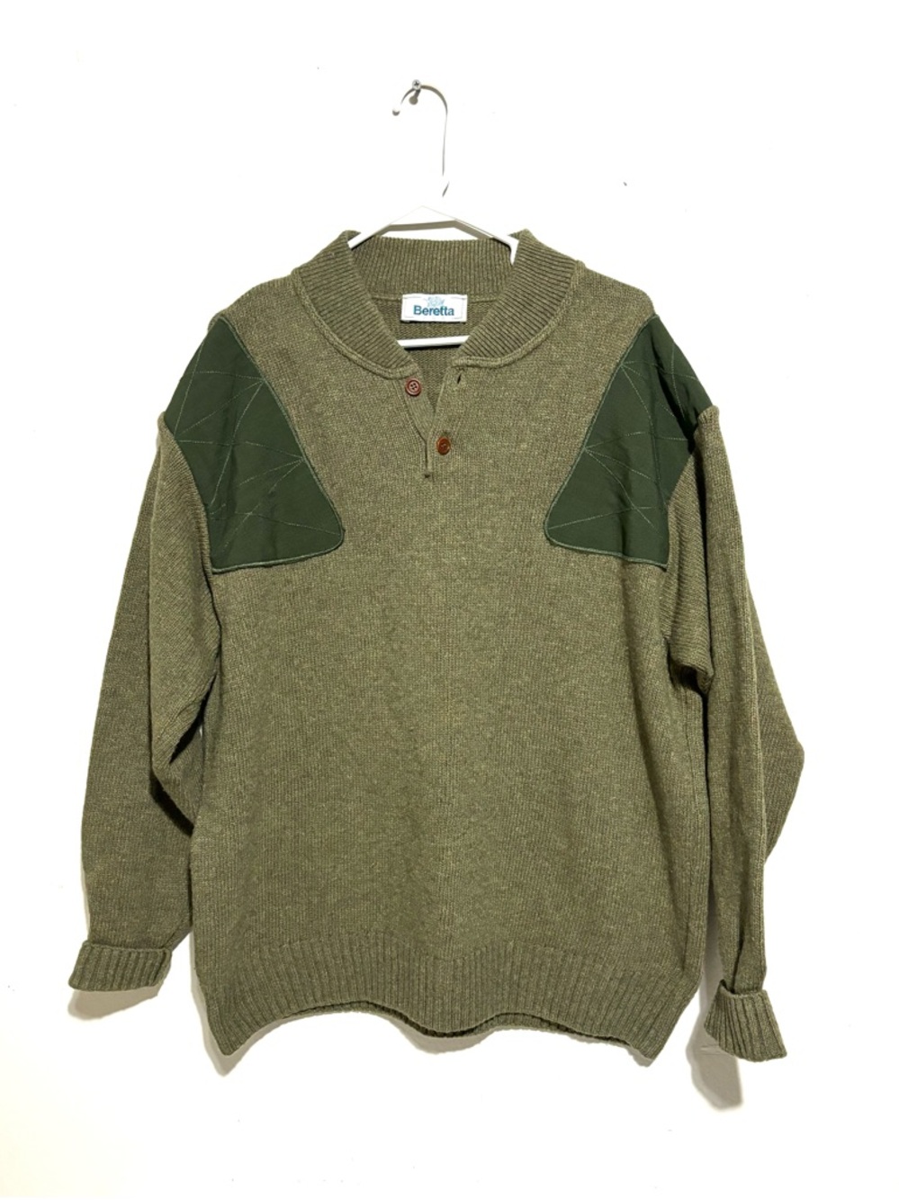 Beretta Sweater Mens XL Green Half Zip Shooting Lana Wool Padded Shoulders Vtg